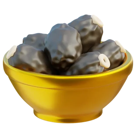 3 D Render Of A Golden Bowl Filled With Dates Traditional Iftar Food 3D Icon