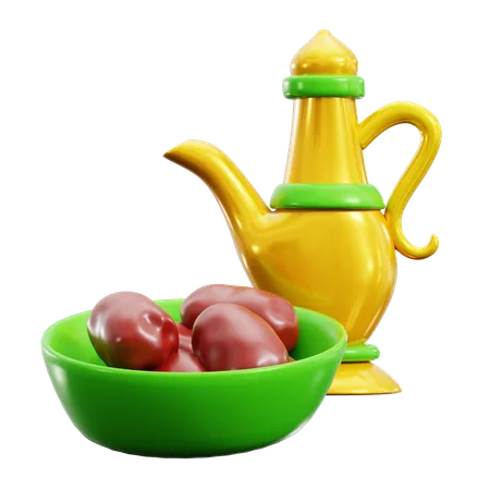 Date On Bowl With Eastern Traditional Water Pot For Iftar Break Fasting Ramadan Islamic Holy Month 3 D Icon Illustration Render Design 3D Icon