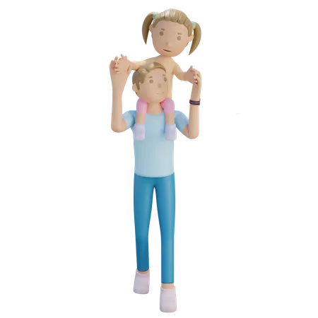 Daughter ride on shoulder of father  3D Illustration