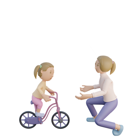 Daughter riding cycle while mother watching  3D Icon