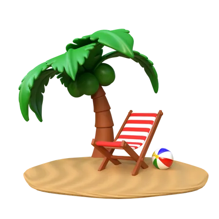 Deck de praia e coqueiros na Ilha  3D Illustration