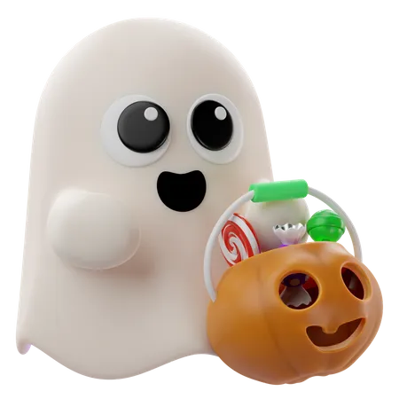 Renderizacao 3 D Do Fantasma De Halloween Com Uma Abobora Cheia De Icone De Doces 3D Icon