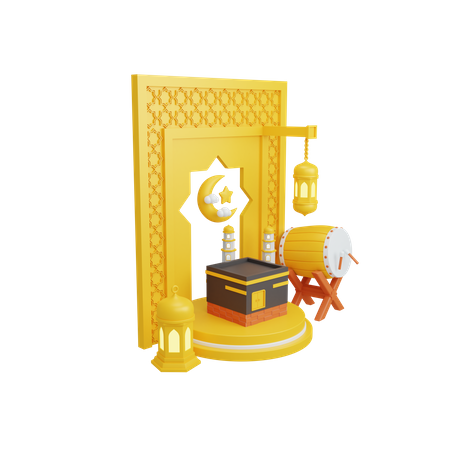 Decoração islâmica com exibição no pódio e kaaba  3D Illustration