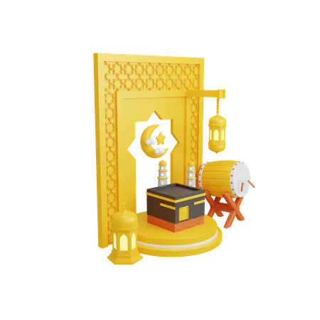 Decoración islámica con podio y kaaba.  3D Illustration