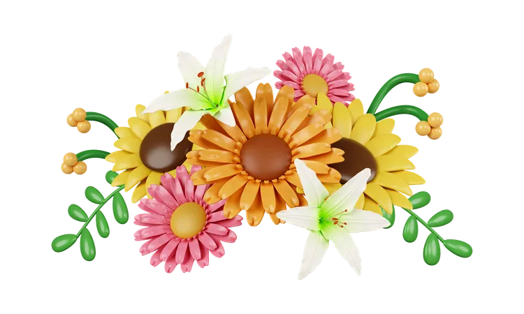 3 D Decorative Flowers Colorful Spring Bouquet Floral Arrangement Garland Icon Isolated On White Background 3 D Rendering Illustration Clipping Path 3D Icon