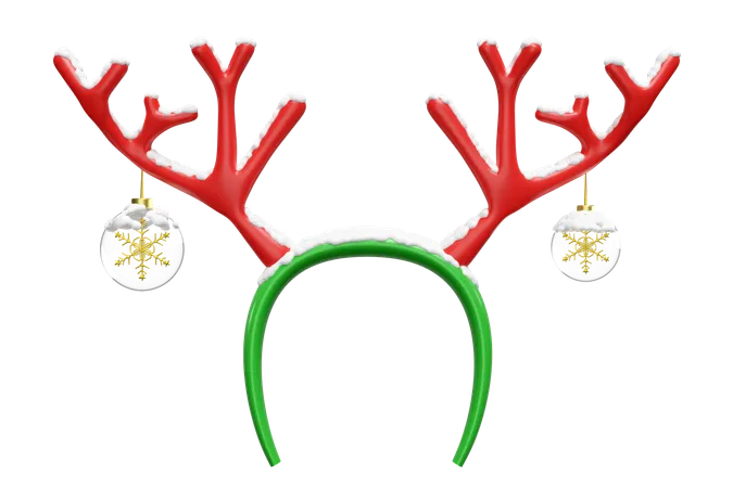 3 D Christmas Deer Horn Headband With Snow Ornaments Glass Transparent Snowflake Merry Christmas And Happy New Year 3 D Render Illustration 3D Icon