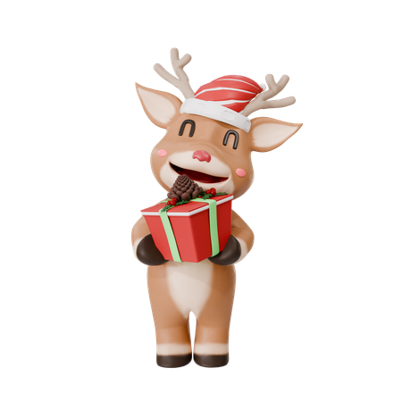 Deer With Christmas Present  3D Icon