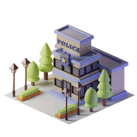 Edificio Isometrico Da Delegacia De Policia Com Arvores E Luzes De Rua 3D Illustration