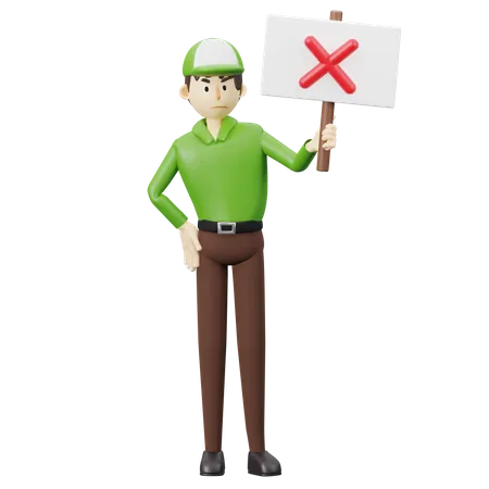 Delivered boy holding cancel mark sign  3D Illustration