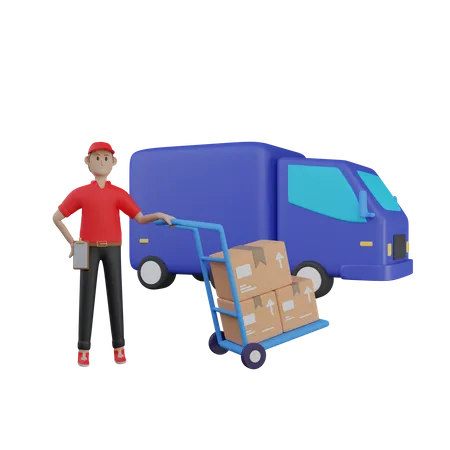 Illustration Of Delivery Boy With Packages Near Cargo Van 3D Illustration