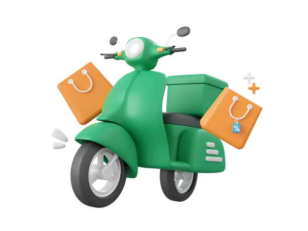 3 D Cartoon Design Illustration Of Scooter With Shopping Bags Scooter Delivery Service Concept 3D Icon