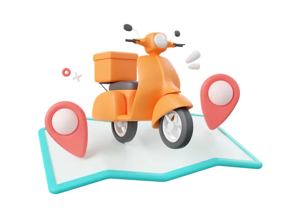 3 D Cartoon Design Illustration Of Delivery Service Scooter With Pins On Map 3D Icon