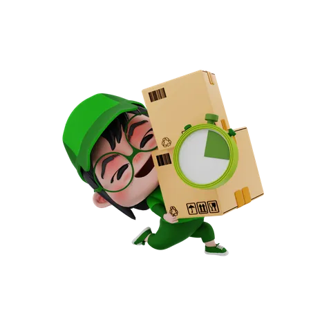 Delivery boy delivering package on time  3D Illustration