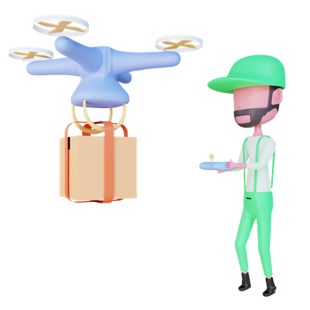 Delivery boy delivering package through drone  3D Illustration