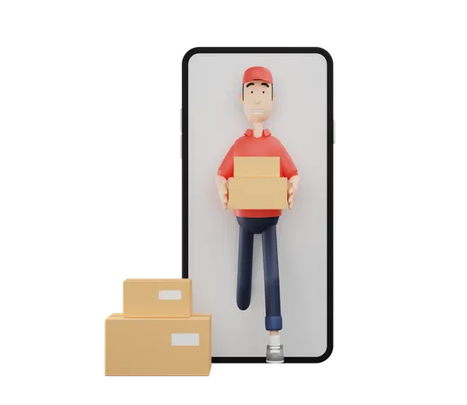 3 D Courier Character Appears From Phone Screen 3D Illustration