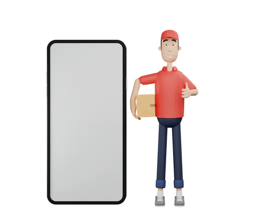 3 D Courier Character Holding Cardboard And Holding Thumbs Up Next To Phone Screen 3D Illustration