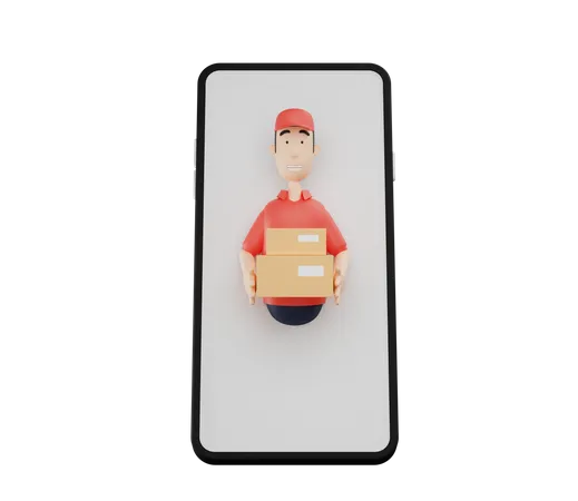 3 D Courier Character Appears From Phone Screen 3D Illustration
