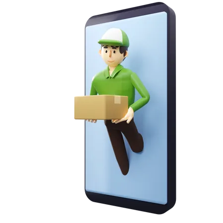 Fast Delivery Service Concept Deliveryman Is Pop Out From Smartphone To Sent Goods In A Box 3 D Rendering Cartoon Illustration 3D Illustration