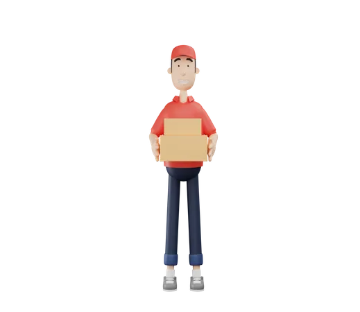 3 D Courier Character Holding Two Cardboard Boxes 3D Illustration
