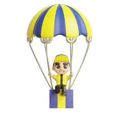 Delivery boy landing with parachute  3D Illustration