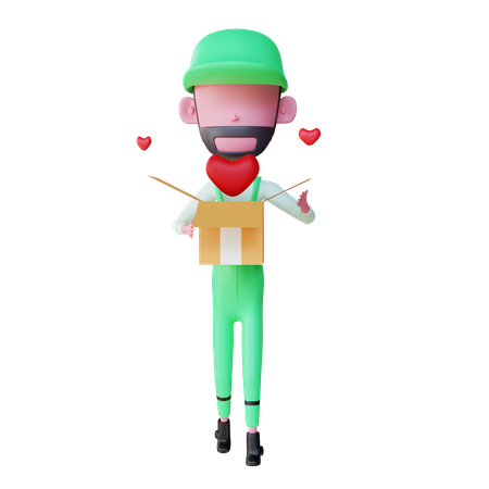 Delivery boy opening gift box  3D Illustration