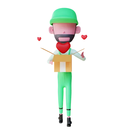 Delivery boy opening gift box  3D Illustration