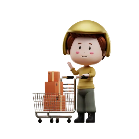 Delivery boy pushing delivery cart  3D Illustration