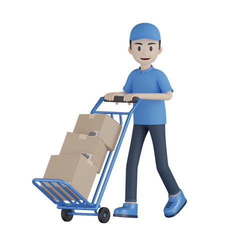 Delivery Boy Rolling Package Cart 3D Illustration