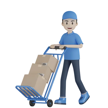 Delivery Boy Rolling Package Cart  3D Illustration