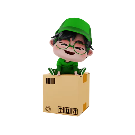 Delivery boy sitting on box  3D Illustration