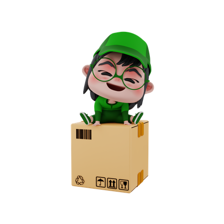 Delivery boy sitting on package  3D Illustration