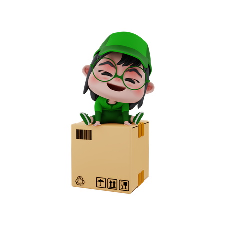 Delivery boy sitting on package  3D Illustration