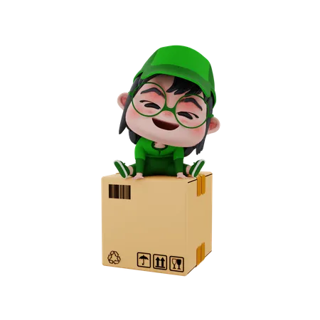 Delivery boy sitting on package  3D Illustration