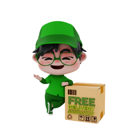 Delivery boy standing beside delivery box  3D Illustration