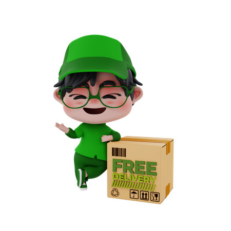 Delivery boy standing beside delivery box  3D Illustration