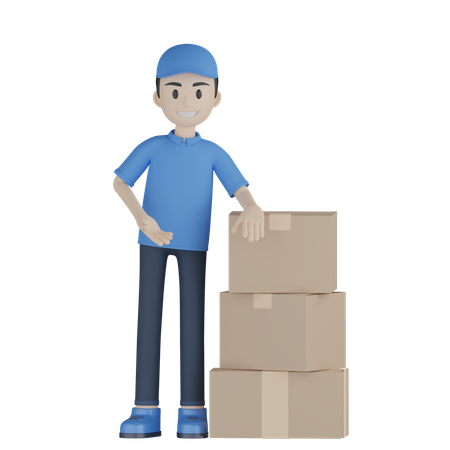 Delivery Boy Stands Cardboard  3D Illustration