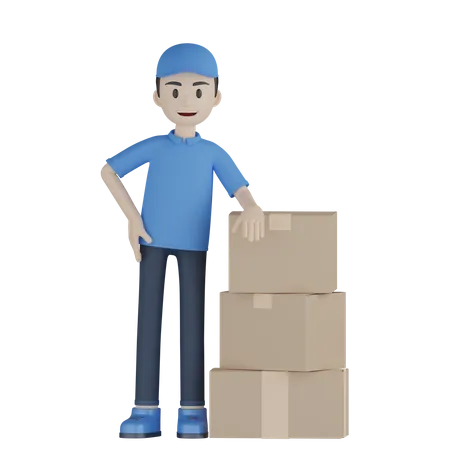 Delivery Boy Stands Parcel  3D Illustration