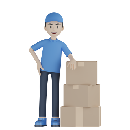Delivery Boy Stands Parcel  3D Illustration