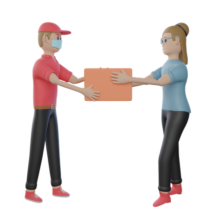 Delivery Boy with mask on handing the parcel over to customer  3D Illustration