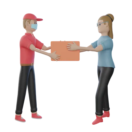 Delivery Boy with mask on handing the parcel over to customer  3D Illustration