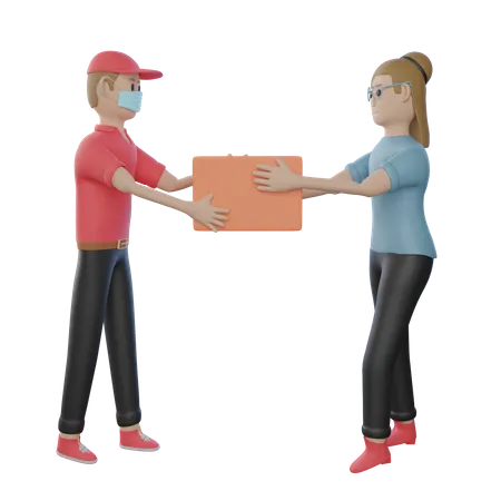 Delivery Boy with mask on handing the parcel over to customer 3D Illustration