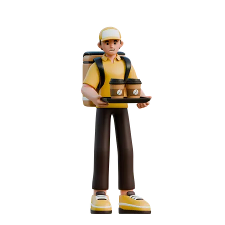 음료와 함께 배달 캐릭터  3D Illustration