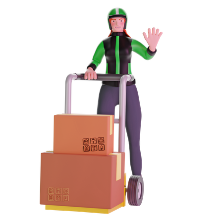 Delivery girl and Holding Trolley Loaded With Cardboard Boxes  3D Illustration