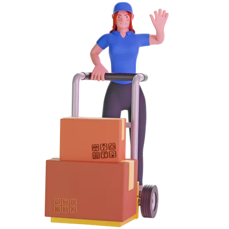 Delivery girl and Holding Trolley Loaded With Cardboard Boxes 3D Illustration