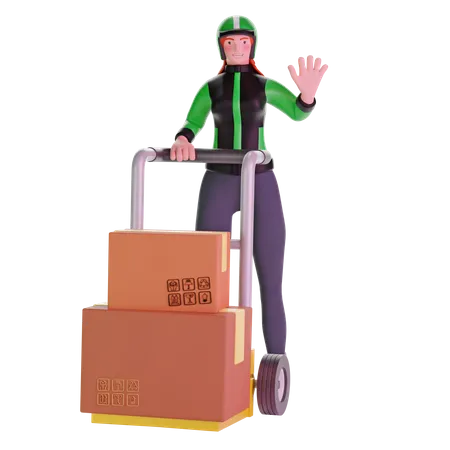 Delivery girl and Holding Trolley Loaded With Cardboard Boxes 3D Illustration