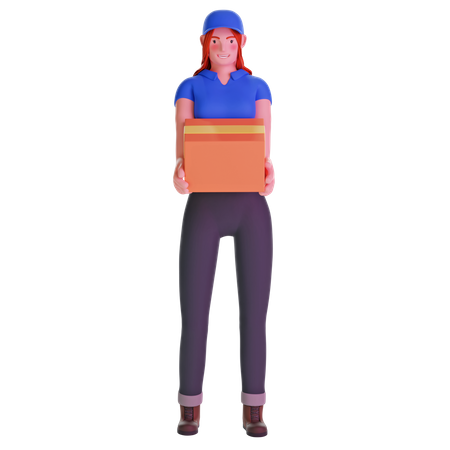 Delivery girl bringing a big package  3D Illustration