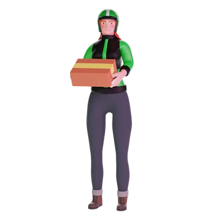 Delivery girl bringing a big package  3D Illustration