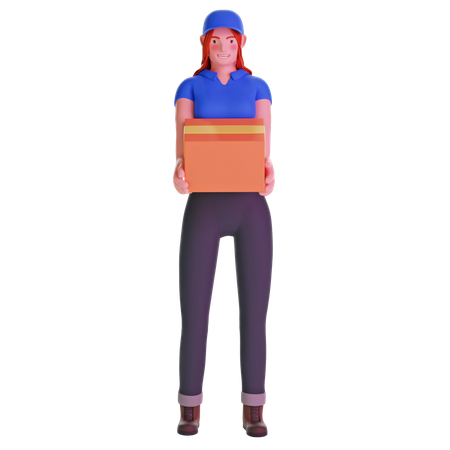 Delivery girl bringing a big package 3D Illustration