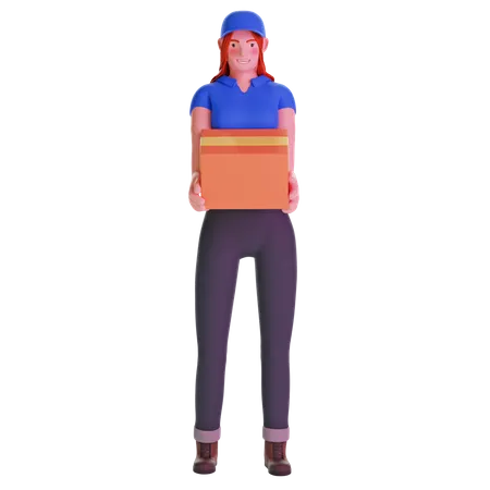 Delivery Girl In Uniform Bringing A Big Package On Transparent Background 3 D Illustration 3D Illustration