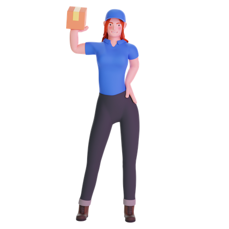 Delivery girl exited in uniform and holding cardboard package  3D Illustration